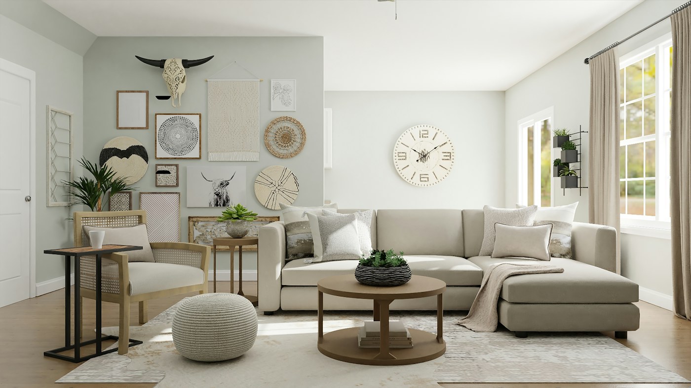 Interior acolhedor com móveis e decoração em tons claros